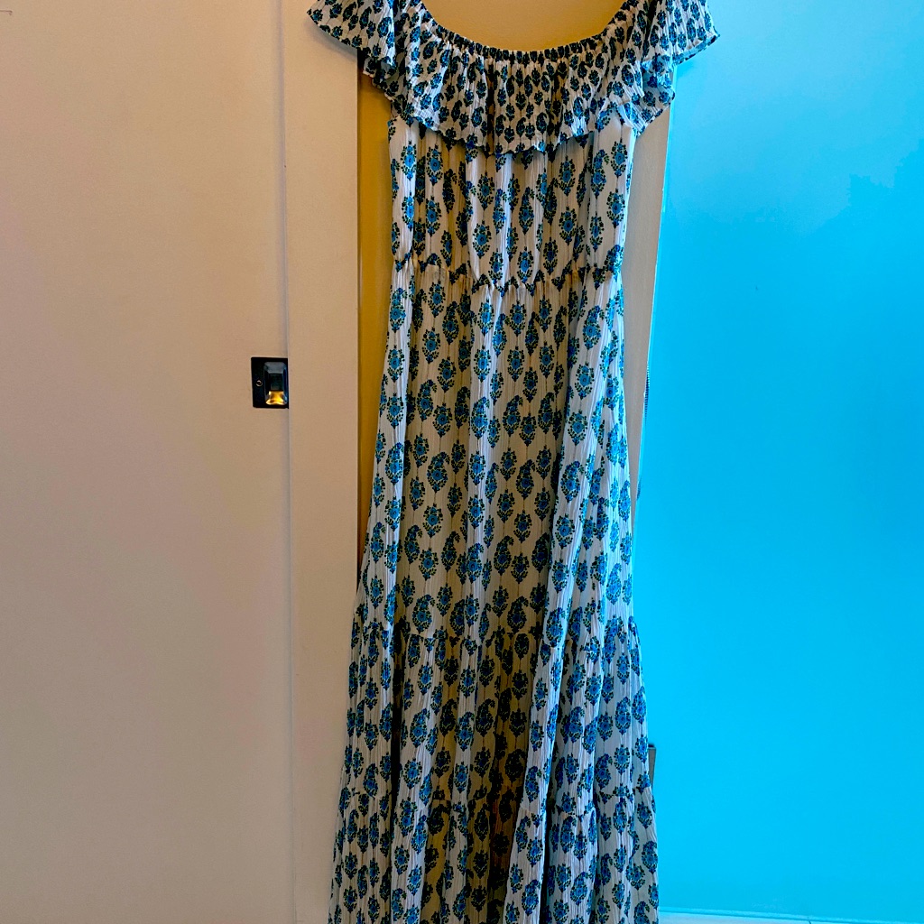 Club Monaco White Maxi Dress With Blue Floral Print